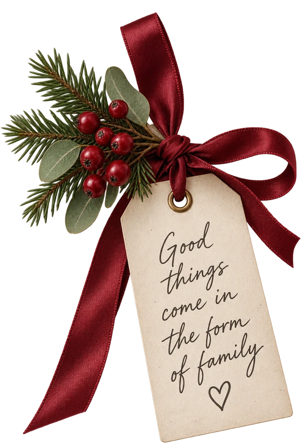 Christmas gift tag with burgundy ribbon and festive greenery for family photography in Enfield