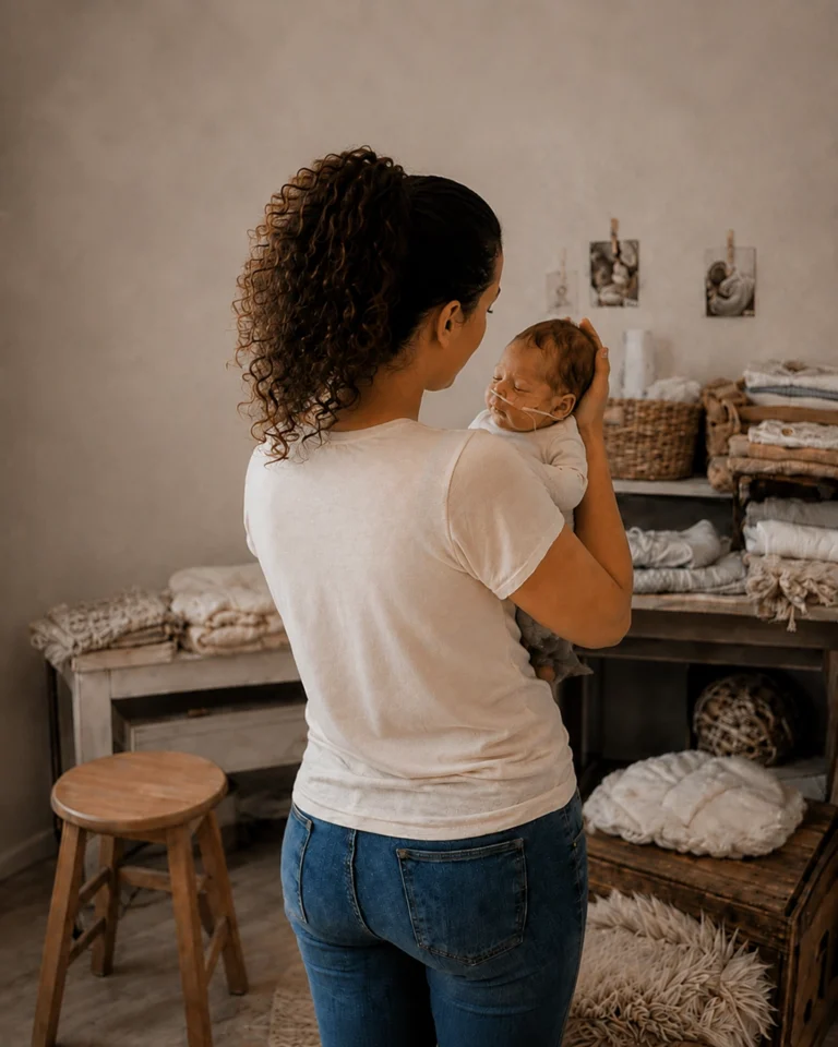 Sylvia Dobek, nurse and newborn photographer in Enfield, North London, holding a baby in her photography studio